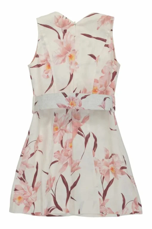 Blush linen floral print V-neck belted mini dress with hip cargo patch pockets