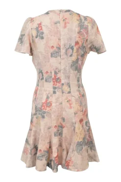 Blush linen floral print short sleeve godet mini dress