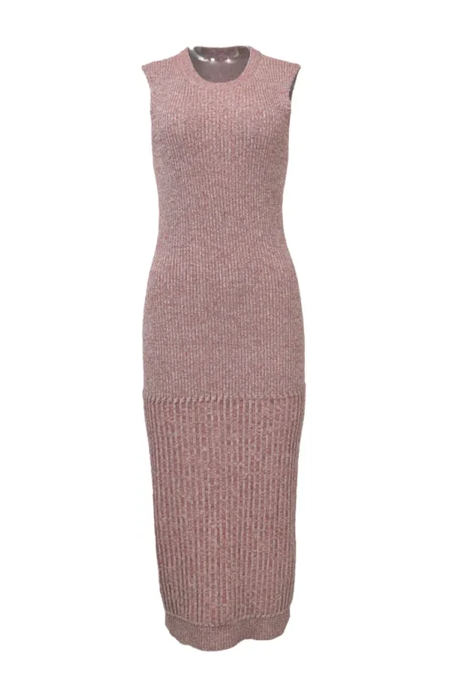 Blush marled wool-blend flatbed rib knit paneled sleeveless midi dress