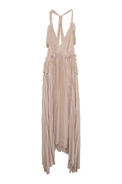 Blush paneled plissé polyester racerback sun dress with asymmetric handkerchief hem