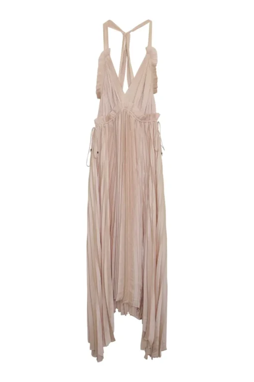 Blush paneled plissé polyester racerback sun dress with asymmetric handkerchief hem