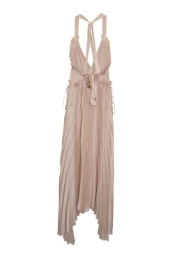 Blush paneled plissé polyester racerback sun dress with asymmetric handkerchief hem