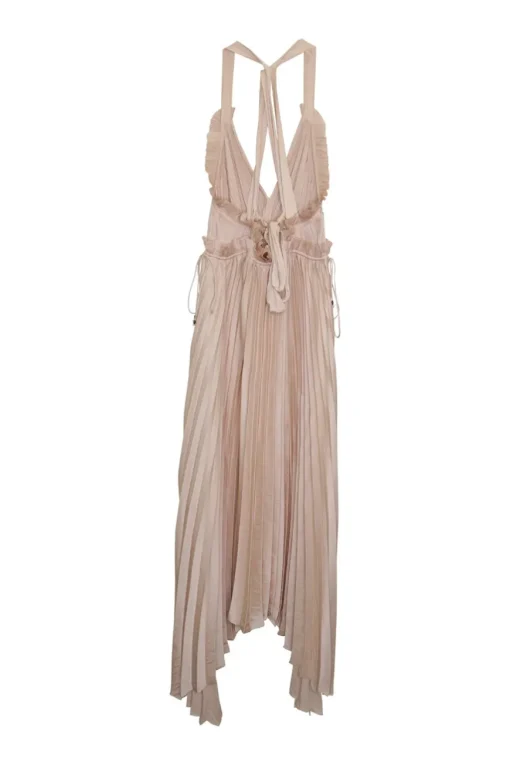 Blush paneled plissé polyester racerback sun dress with asymmetric handkerchief hem