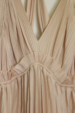 Blush paneled plissé polyester racerback sun dress with asymmetric handkerchief hem