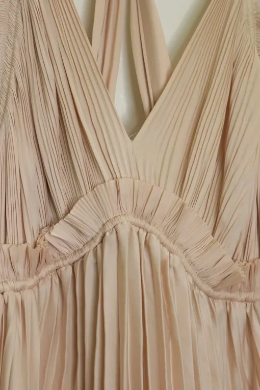 Blush paneled plissé polyester racerback sun dress with asymmetric handkerchief hem