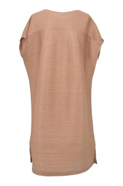 Blush paneled polyester shift sack plissé dress with batwing sleeves