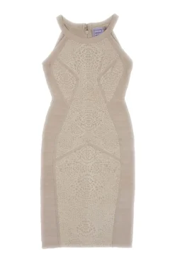 Blush paneled rayon-blend kaleidoscope screen-printed interlock knit and bandage racerback sheath