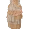 Blush paneled tulle strapless tier-ruffle bustier sheath dress