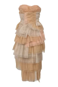 Blush paneled tulle strapless tier-ruffle bustier sheath dress