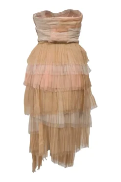 Blush paneled tulle strapless tier-ruffle bustier sheath dress