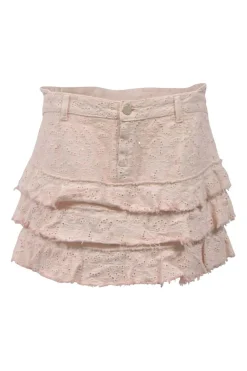 Blush pink cotton-blend broderie anglaise tiered ruffle mini-skirt