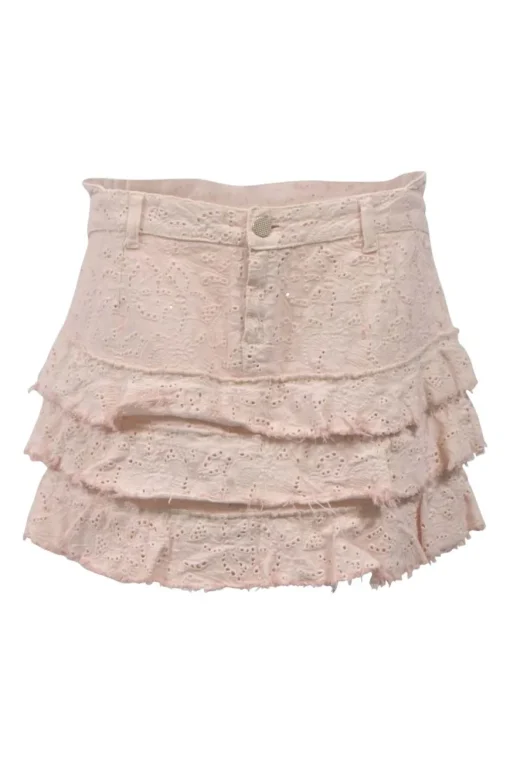 Blush pink cotton-blend broderie anglaise tiered ruffle mini-skirt