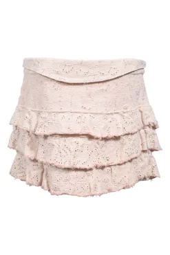 Blush pink cotton-blend broderie anglaise tiered ruffle mini-skirt