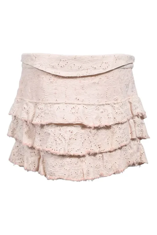 Blush pink cotton-blend broderie anglaise tiered ruffle mini-skirt