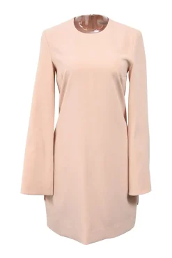 Blush pink polyester crepe jewel neck A-line shift mini dress