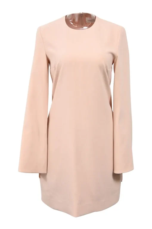 Blush pink polyester crepe jewel neck A-line shift mini dress