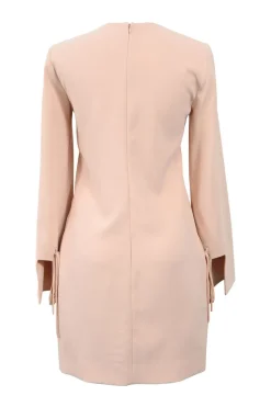 Blush pink polyester crepe jewel neck A-line shift mini dress