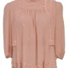 Blush pink semi-sheer silk georgette flounce-style round-neck Mara blouse featuring tonal broderie trim and three-quarter sleeves