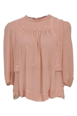 Blush pink semi-sheer silk georgette flounce-style round-neck Mara blouse featuring tonal broderie trim and three-quarter sleeves
