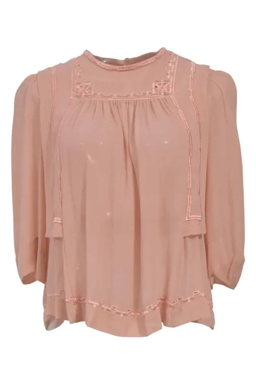 Blush pink semi-sheer silk georgette flounce-style round-neck Mara blouse featuring tonal broderie trim and three-quarter sleeves