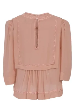 Blush pink semi-sheer silk georgette flounce-style round-neck Mara blouse featuring tonal broderie trim and three-quarter sleeves