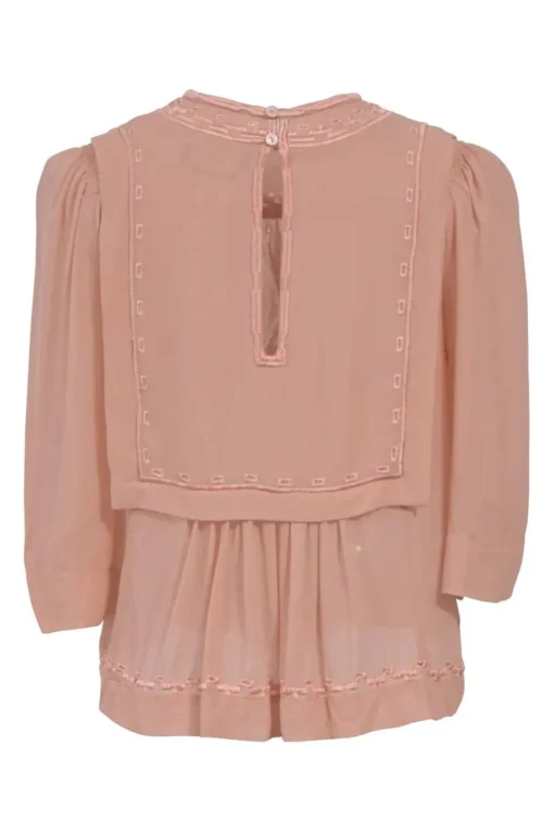 Blush pink semi-sheer silk georgette flounce-style round-neck Mara blouse featuring tonal broderie trim and three-quarter sleeves