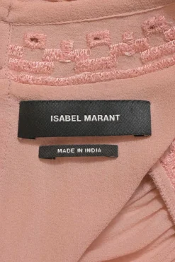 Blush pink semi-sheer silk georgette flounce-style round-neck Mara blouse featuring tonal broderie trim and three-quarter sleeves