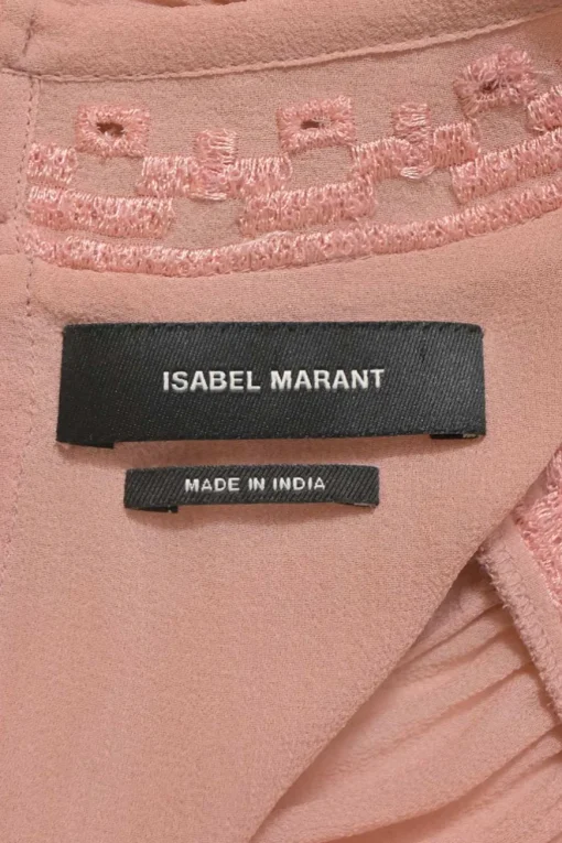 Blush pink semi-sheer silk georgette flounce-style round-neck Mara blouse featuring tonal broderie trim and three-quarter sleeves