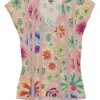 Blush polyamide pointelle knit tie-neck cap sleeve top featuring multi-coloured floral motif