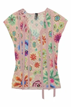 Blush polyamide pointelle knit tie-neck cap sleeve top featuring multi-coloured floral motif