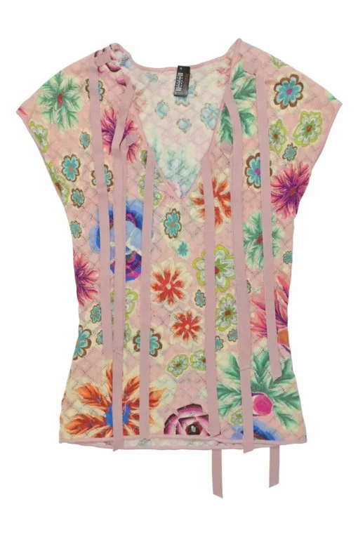 Blush polyamide pointelle knit tie-neck cap sleeve top featuring multi-coloured floral motif