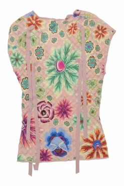 Blush polyamide pointelle knit tie-neck cap sleeve top featuring multi-coloured floral motif