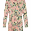 Blush polyamide-blend striped floral print  long sleeve pullover mock neck mini dress