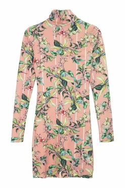 Blush polyamide-blend striped floral print  long sleeve pullover mock neck mini dress