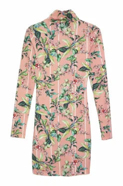 Blush polyamide-blend striped floral print  long sleeve pullover mock neck mini dress