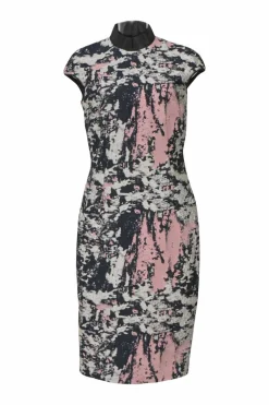 Blush polyester-blend abstract print high-neck cap sleeve sheath dress
