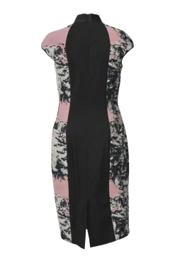 Blush polyester-blend abstract print high-neck cap sleeve sheath dress