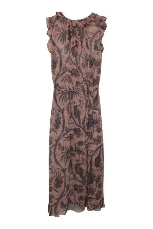 Blush polyester-blend botteh floral print ruffle midi A-line dress
