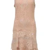 Blush polyester-blend metallic drop-waist peek-a-boo sleeveless mini dress with tiered skirt