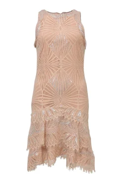 Blush polyester-blend metallic drop-waist peek-a-boo sleeveless mini dress with tiered skirt