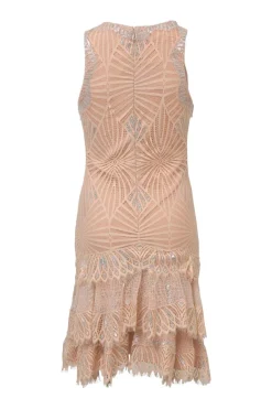 Blush polyester-blend metallic drop-waist peek-a-boo sleeveless mini dress with tiered skirt