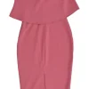 Blush polyester-blend off-shoulder ruffle sheath dress