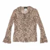 Blush semi-sheer cotton-blend floral lace button-front jabot blouse with flounce cuffs