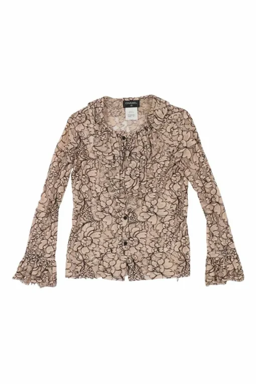 Blush semi-sheer cotton-blend floral lace button-front jabot blouse with flounce cuffs