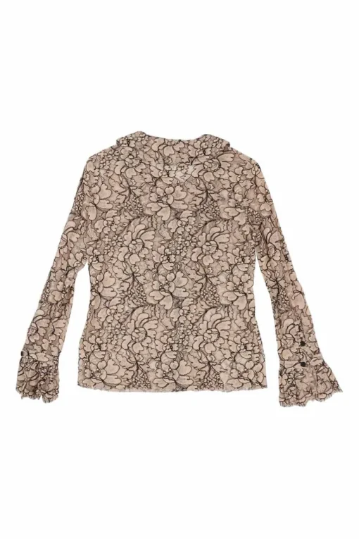 Blush semi-sheer cotton-blend floral lace button-front jabot blouse with flounce cuffs