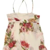 Blush semi-sheer crinkle silk floral print swing-style camisole with fixed criss-cross straps