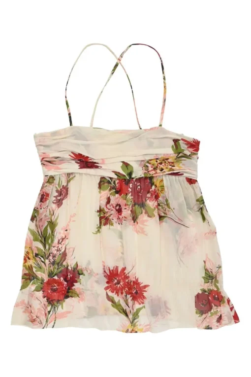 Blush semi-sheer crinkle silk floral print swing-style camisole with fixed criss-cross straps