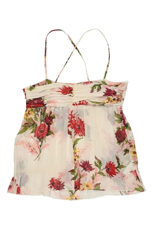 Blush semi-sheer crinkle silk floral print swing-style camisole with fixed criss-cross straps