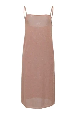 Blush semi-sheer glitter jersey knit slip dress with square neckline and fixed spaghetti straps