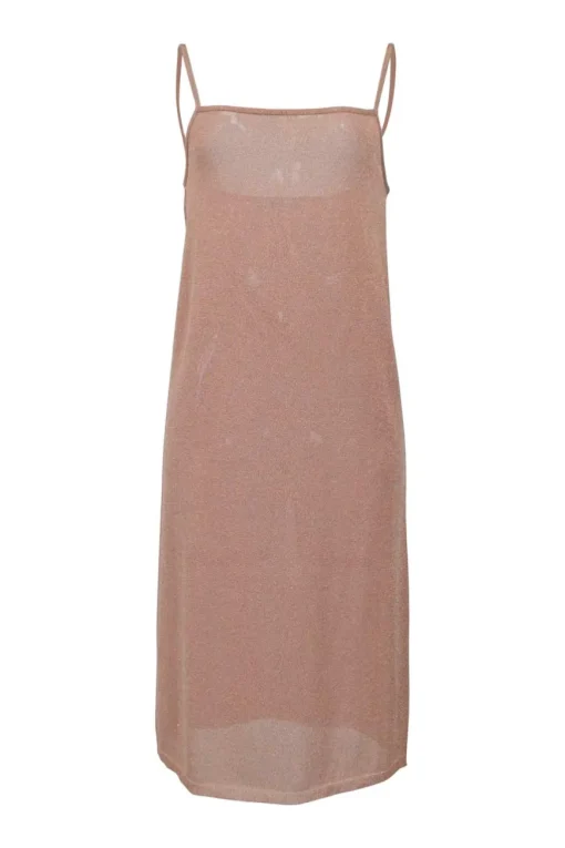 Blush semi-sheer glitter jersey knit slip dress with square neckline and fixed spaghetti straps